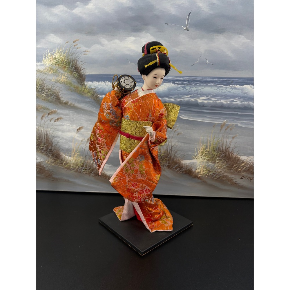 Vintage Japanese Geisha Doll Orange Silk Kimono Tsuzumi Drum 15.5 Inch Ornament